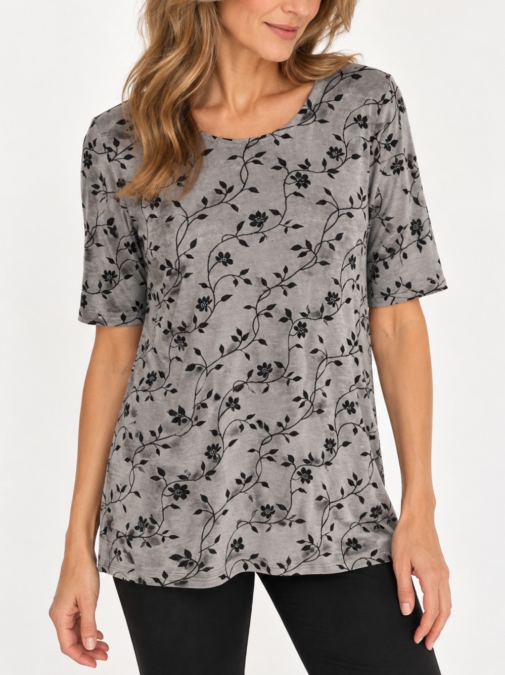 ES-SE Plus Vintage Y2K Grey Black Floral Slinky Stretch Tunic Top